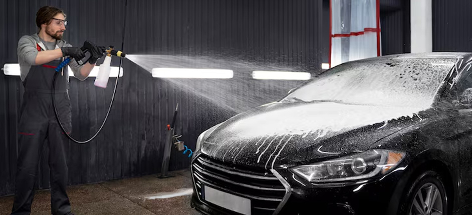Pressure washer spraying soapy water across a black car at Fredericksburg driveway