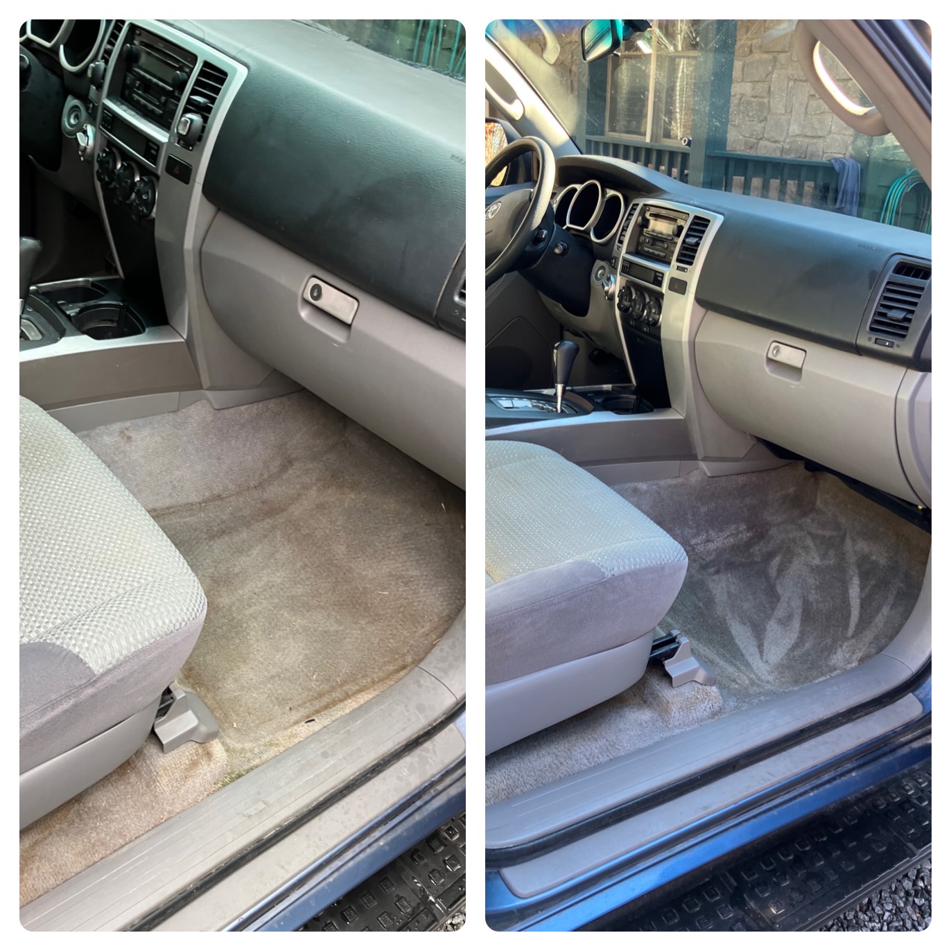 Split view showing dirty car carpet beside freshly cleaned, stain-free interior section